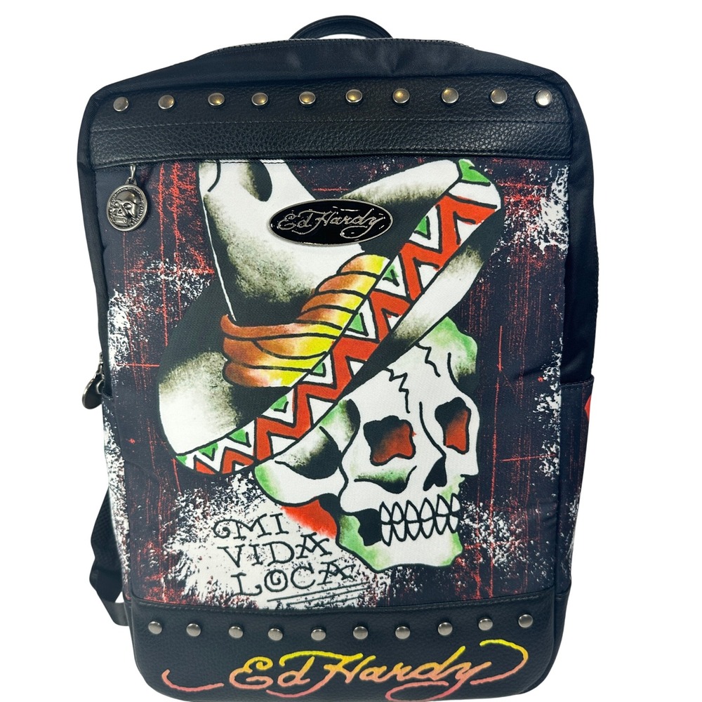 Ed‎ Hardy Backpack Mens OS Black Mi Vida Loca Skull Studded Tattoo Graphic Bag
